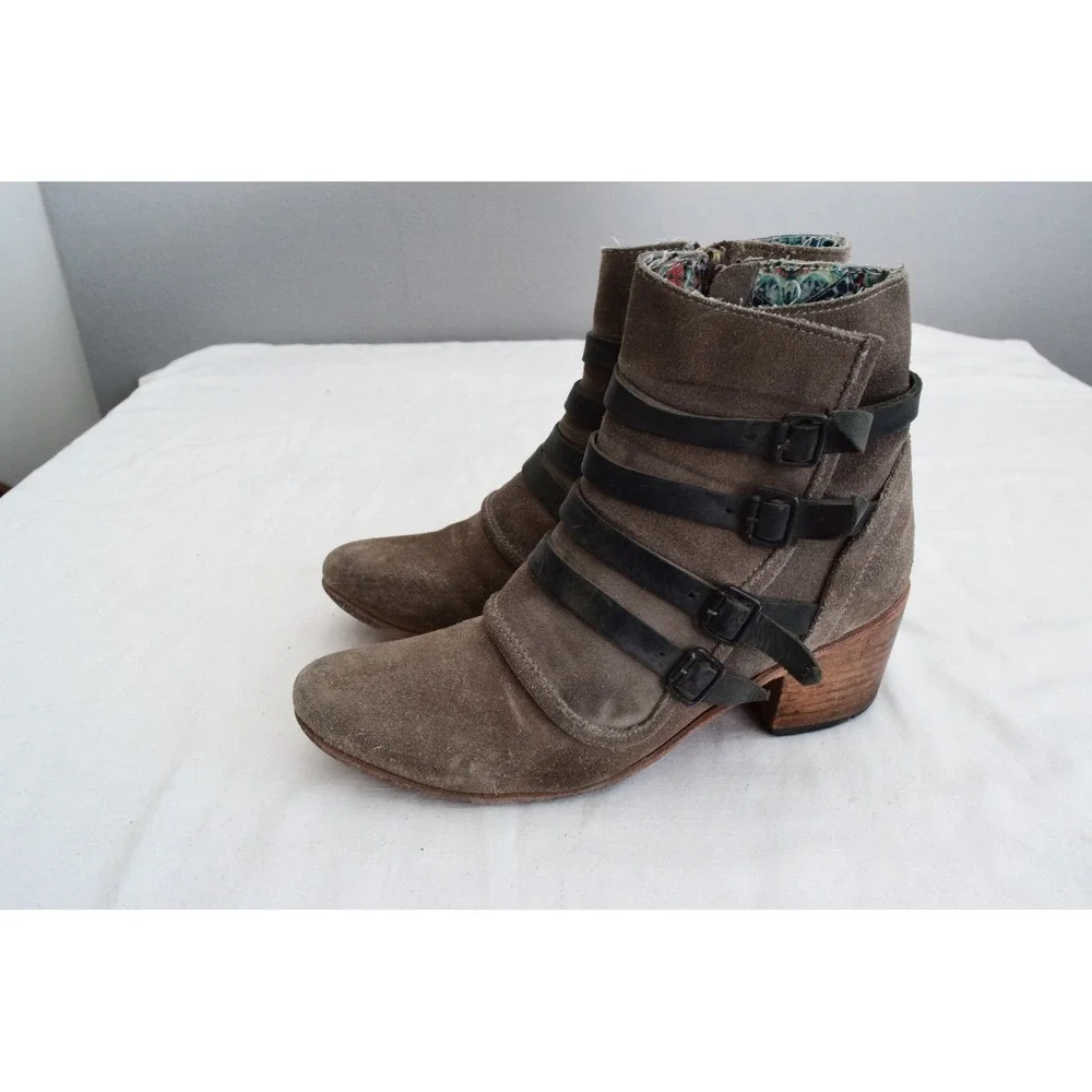 Freebird by Steven Wesson Ankle Boots 8 Brown Suede Multi Buckle Moto